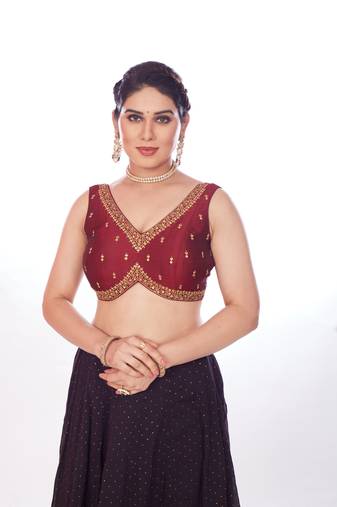 Mmore Women's Phentom Silk Embroidered Readymade Padded Saree Blouse