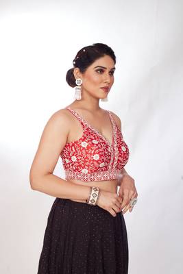 Mmore Women's Dupion Silk Embroidered Readymade Padded Saree Blouse 4