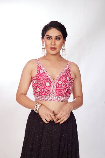 Mmore Women's Dupion Silk Embroidered Readymade Padded Saree Blouse