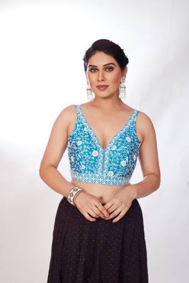 Mmore Women's Dupion Silk Embroidered Readymade Padded Saree Blouse 1