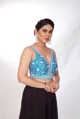 Mmore Women's Dupion Silk Embroidered Readymade Padded Saree Blouse 4