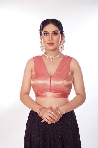 Mmore Women's Banaras Tissue Solid Readymade Padded Saree Blouse