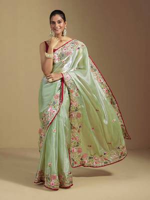 Light Green Colour Organza Zari Work Wedding Saree With Unstitched Blouse 1