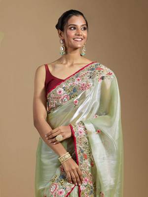 Light Green Colour Organza Zari Work Wedding Saree With Unstitched Blouse 2