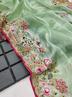 Light Green Colour Organza Zari Work Wedding Saree With Unstitched Blouse 5