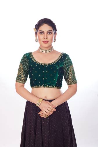 Mmore Women's Velvet Embroidered Readymade Padded Saree Blouse