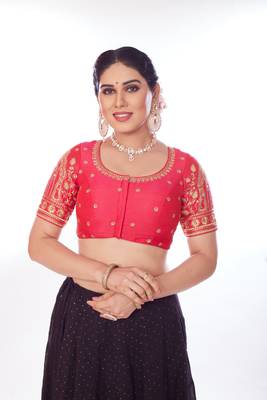 Mmore Women's Raw Silk Embroidered Readymade Padded Saree Blouse 1