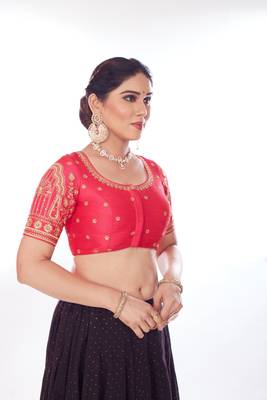Mmore Women's Raw Silk Embroidered Readymade Padded Saree Blouse 4