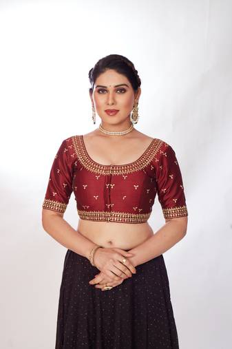 Maroon Dupian Silk Threadwork Embroidered Readymade Blouse