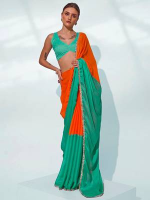 Colourblocked Mirrorwork Pure Chiffon Saree 1