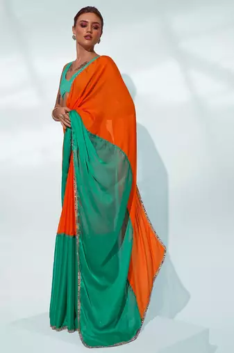Colourblocked Mirrorwork Pure Chiffon Saree
