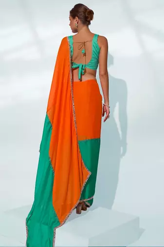 Colourblocked Mirrorwork Pure Chiffon Saree