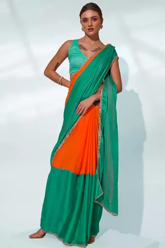Colourblocked Mirrorwork Pure Chiffon Saree