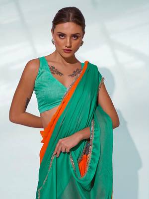Colourblocked Mirrorwork Pure Chiffon Saree 5