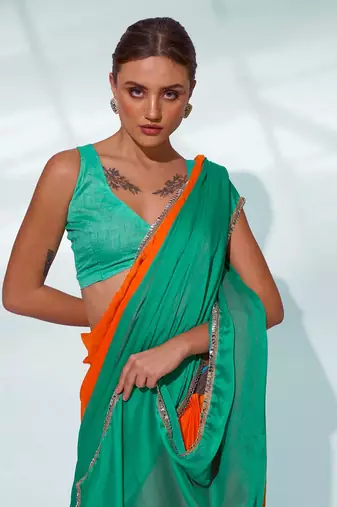 Colourblocked Mirrorwork Pure Chiffon Saree