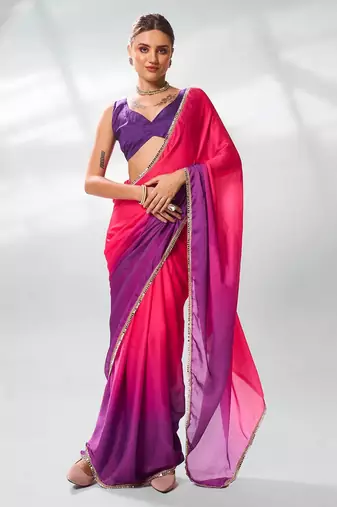 Colourblocked Mirrorwork Pure Chiffon Saree