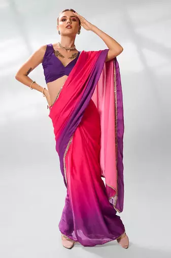 Colourblocked Mirrorwork Pure Chiffon Saree