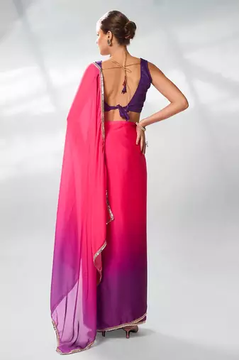 Colourblocked Mirrorwork Pure Chiffon Saree