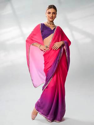 Colourblocked Mirrorwork Pure Chiffon Saree 5