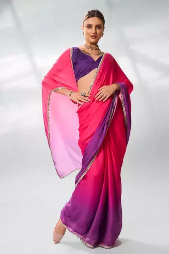 Colourblocked Mirrorwork Pure Chiffon Saree