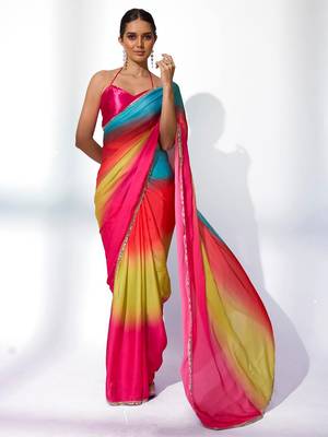 Ombre Mirror Work Lace Satin Saree 1