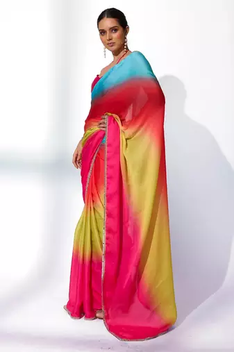 Ombre Mirror Work Lace Satin Saree