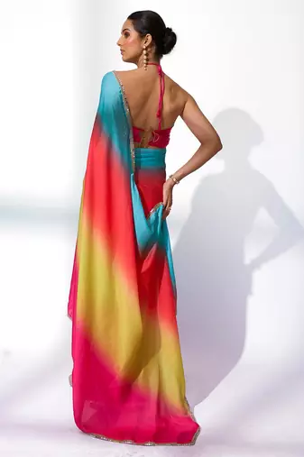 Ombre Mirror Work Lace Satin Saree