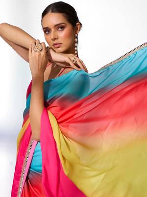 Ombre Mirror Work Lace Satin Saree 4
