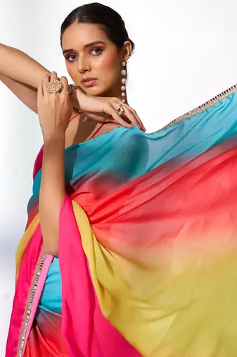Ombre Mirror Work Lace Satin Saree