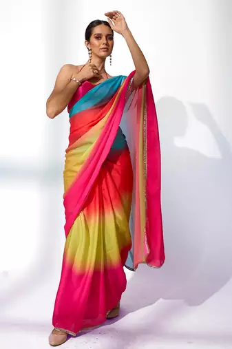 Ombre Mirror Work Lace Satin Saree