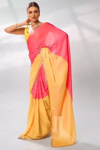 Colourblocked Sequinned Satin Saree