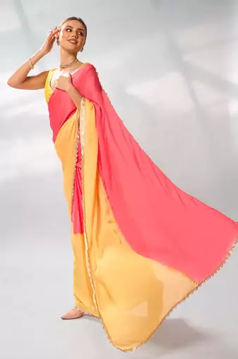 Colourblocked Sequinned Satin Saree