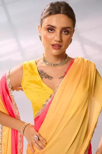 Colourblocked Sequinned Satin Saree