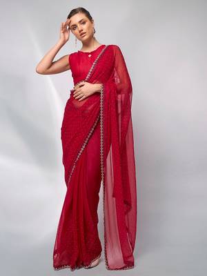 Embellished Beads And Stones Satin Saree 1