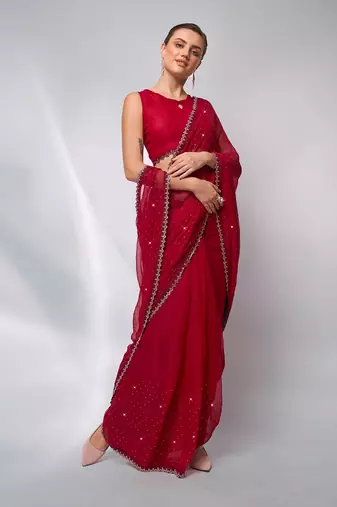 Embellished Beads And Stones Satin Saree