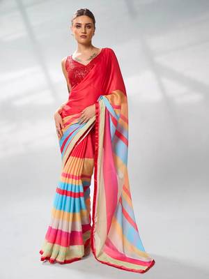 Printed Striped Satin Saree 1