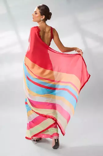 Printed Striped Satin Saree