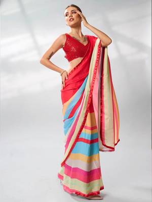 Printed Striped Satin Saree 3