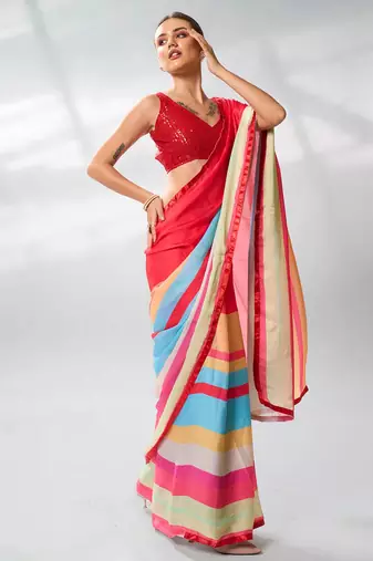 Printed Striped Satin Saree