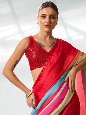 Printed Striped Satin Saree 4