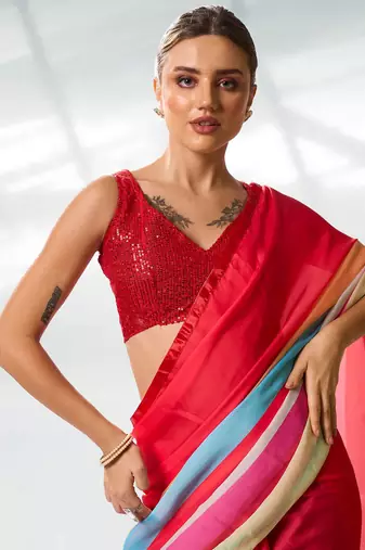 Printed Striped Satin Saree