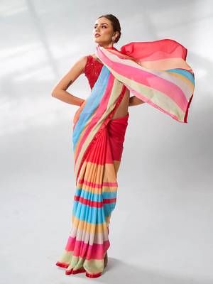 Printed Striped Satin Saree 5