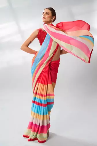 Printed Striped Satin Saree