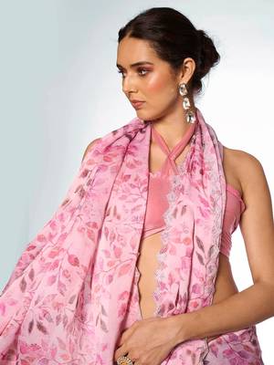 Printed Embellished Beads And Stones Satin Saree 1