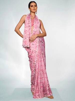 Printed Embellished Beads And Stones Satin Saree 2