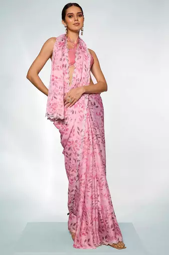 Printed Embellished Beads And Stones Satin Saree