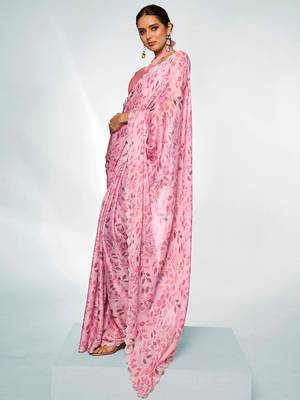 Printed Embellished Beads And Stones Satin Saree 4