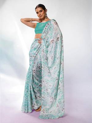 Printed Embellished Beads And Stones Satin Saree 1