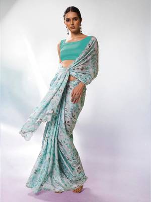 Printed Embellished Beads And Stones Satin Saree 2