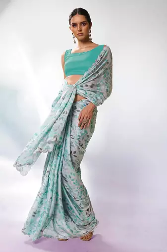 Printed Embellished Beads And Stones Satin Saree